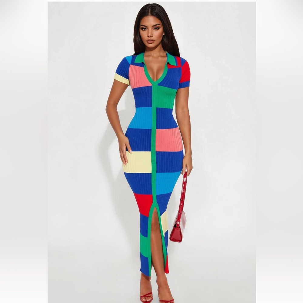 Colorblock Ribbed Knit Midi Dress - Multicolor